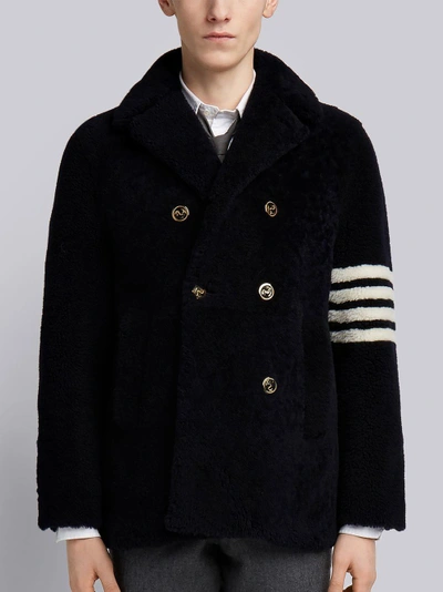 Shop Thom Browne Navy Dyed Shearling 4-bar Unconstructed Peacoat In Blue