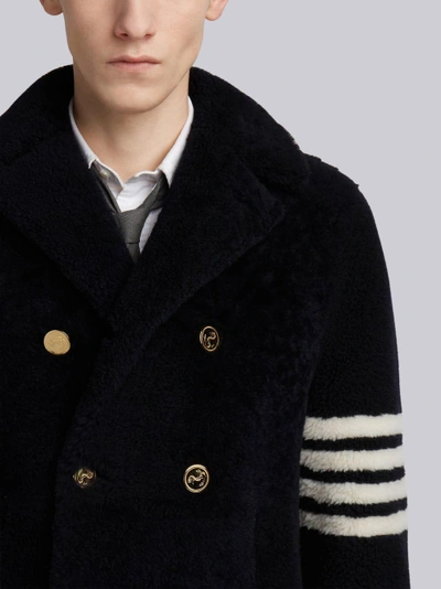 Shop Thom Browne Navy Dyed Shearling 4-bar Unconstructed Peacoat In Blue