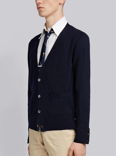 Shop Thom Browne V-neck Cardigan In Mercerized Merino In Blue