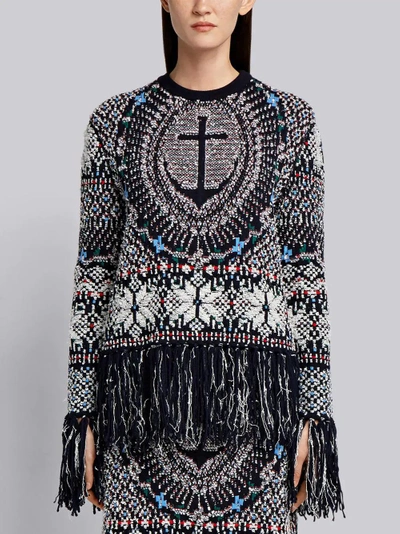 Shop Thom Browne Boxy Pullover With Anchor Fair Isle Jacquard In Wool And Poly Knit In Blue