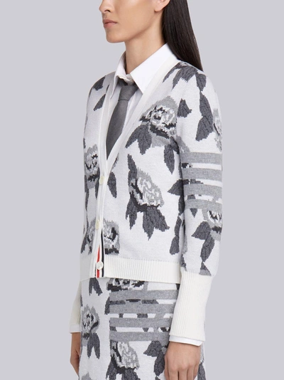 Shop Thom Browne Boucle Rose Jacquard V-neck Cardigan In White