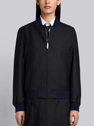 Shop Thom Browne Engineered Stripe Wool Varsity Jacket In Blue