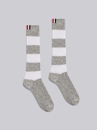 Shop Thom Browne Thick Cotton Over-the-calf Rugby Stripe Socks In Blue