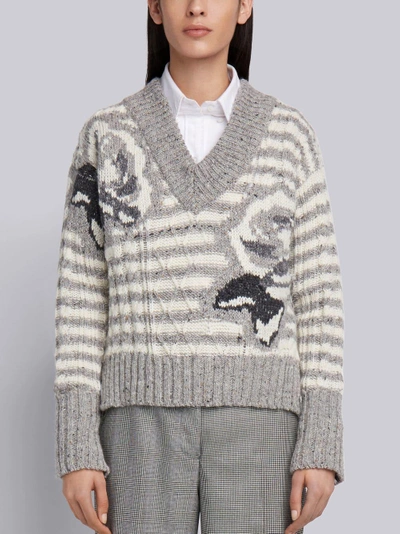 Shop Thom Browne Rose Intarsia Tweed V-neck Pullover In Grey