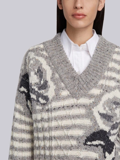 Shop Thom Browne Rose Intarsia Tweed V-neck Pullover In Grey