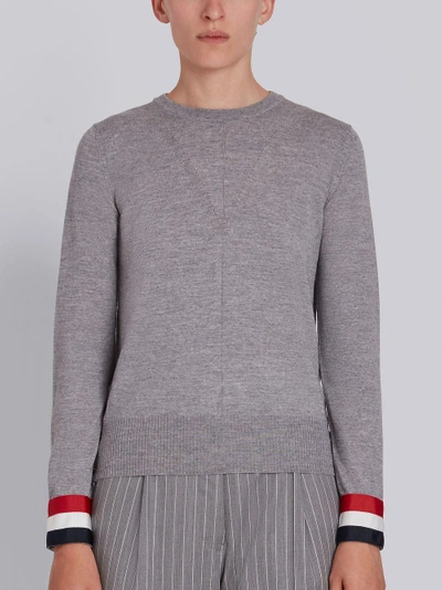 Shop Thom Browne Grosgrain-cuffed Fine Merino Wool Crew Neck Pullover In Grey