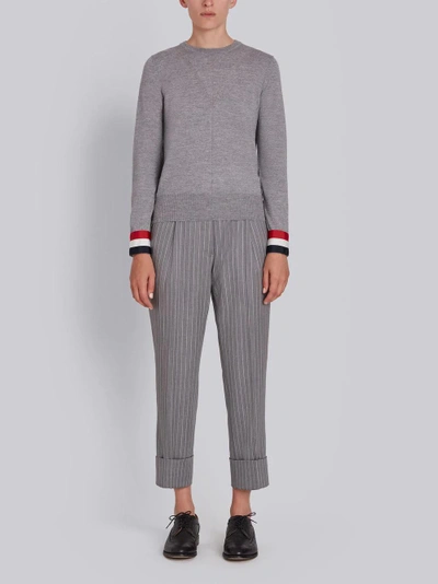 Shop Thom Browne Grosgrain-cuffed Fine Merino Wool Crew Neck Pullover In Grey