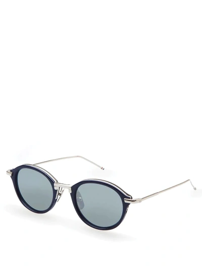 Shop Thom Browne Eyewear Navy & Silver Round Sunglasses In Metallic