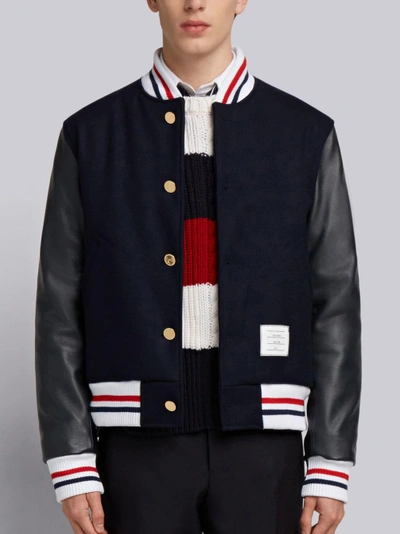 Shop Thom Browne Button Front Melton Wool Varsity Jacket In Blue