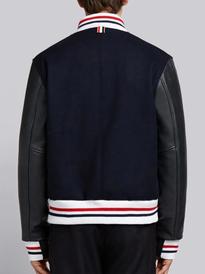 Shop Thom Browne Button Front Melton Wool Varsity Jacket In Blue