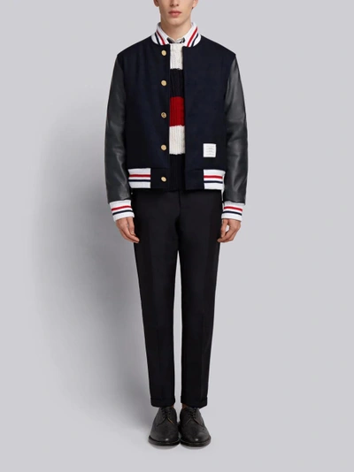 Shop Thom Browne Button Front Melton Wool Varsity Jacket In Blue