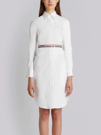 Shop Thom Browne Above Knee A-line Shirtdress With Side Tabs & Engineered Stripe In White Oxford