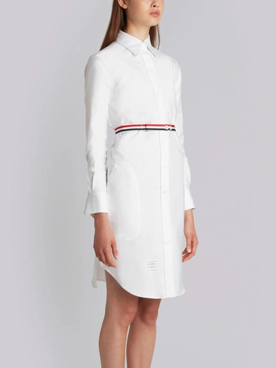 Shop Thom Browne Above Knee A-line Shirtdress With Side Tabs & Engineered Stripe In White Oxford