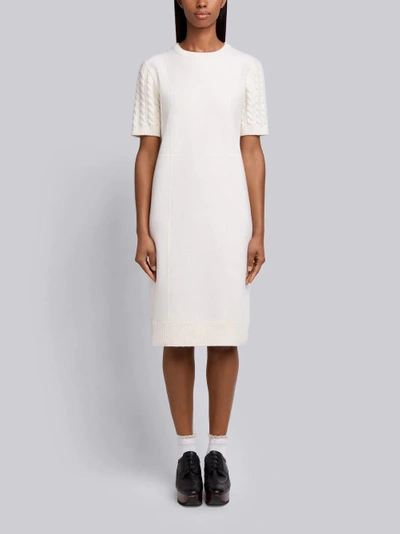 Shop Thom Browne Wool Flannel Cable Knit Sweater Dress In White