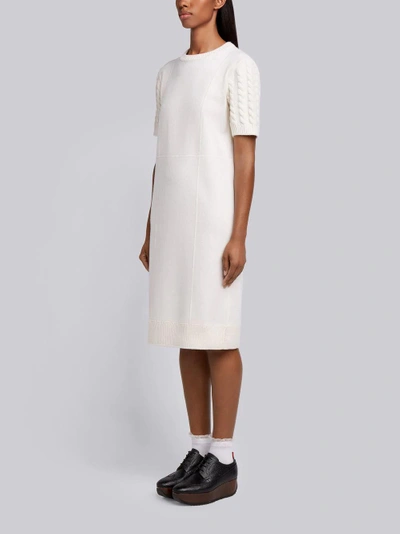 Shop Thom Browne Wool Flannel Cable Knit Sweater Dress In White