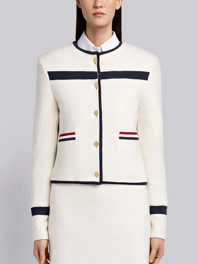 Shop Thom Browne Wool Knit Crewneck Jacket In White