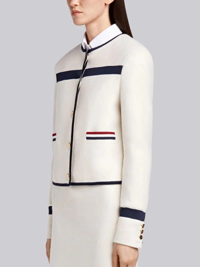 Shop Thom Browne Wool Knit Crewneck Jacket In White