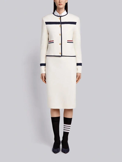 Shop Thom Browne Wool Knit Crewneck Jacket In White