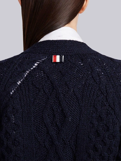 Shop Thom Browne Long Cable Knit V-neck Cardigan Coat In Blue