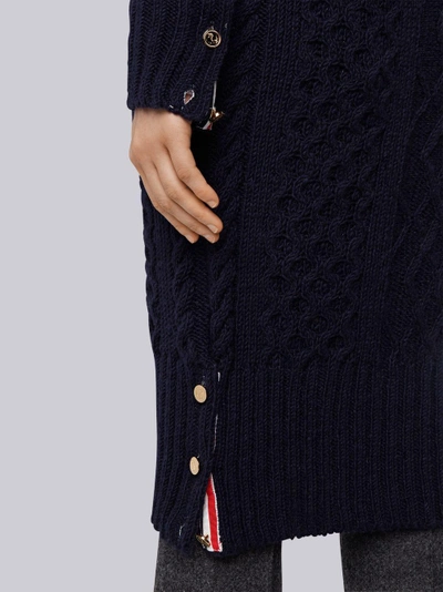 Shop Thom Browne Long Cable Knit V-neck Cardigan Coat In Blue