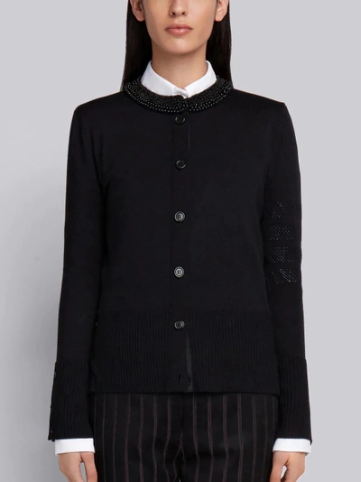 Shop Thom Browne Pearl Applique Wool Crewneck Cardigan In Black