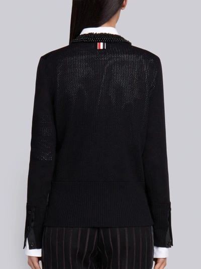 Shop Thom Browne Pearl Applique Wool Crewneck Cardigan In Black