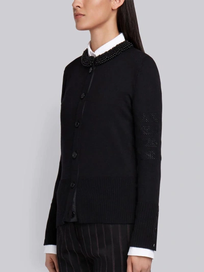 Shop Thom Browne Pearl Applique Wool Crewneck Cardigan In Black