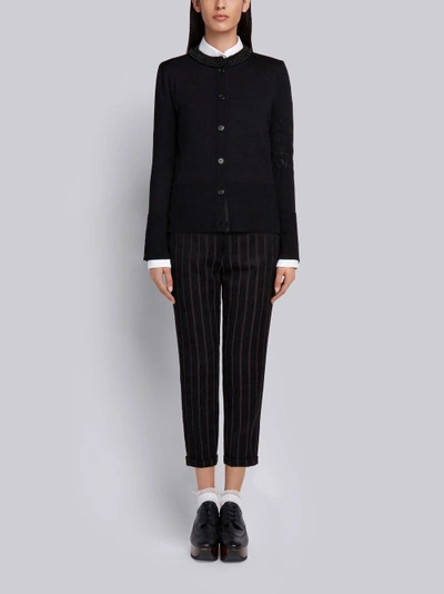 Shop Thom Browne Pearl Applique Wool Crewneck Cardigan In Black