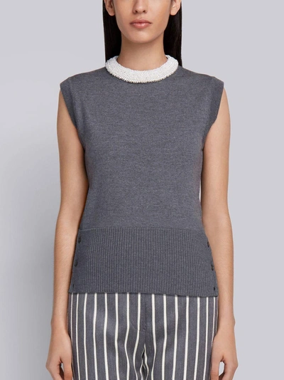 Shop Thom Browne Pearl Applique Wool Shell Top In Grey