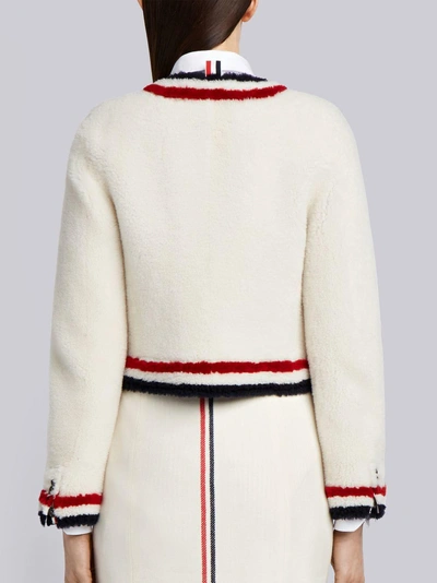 Shop Thom Browne Zip Up Cardigan Jacket With Red, White And Blue Intarsia In Dyed Shearling