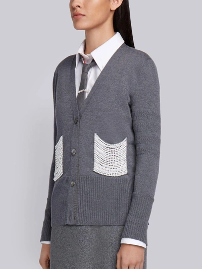 Shop Thom Browne Pearl Embroidered Merino V-neck Cardigan In Grey