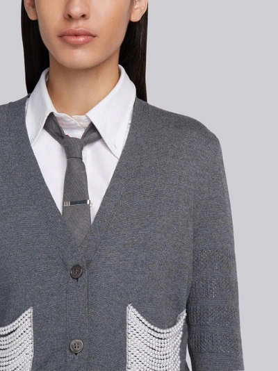 Shop Thom Browne Pearl Embroidered Merino V-neck Cardigan In Grey