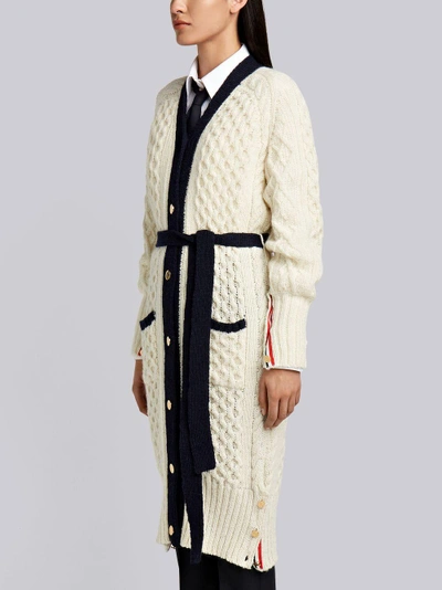 Shop Thom Browne Long Cable Knit V-neck Cardigan Coat In White
