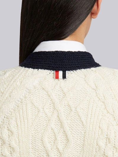 Shop Thom Browne Long Cable Knit V-neck Cardigan Coat In White