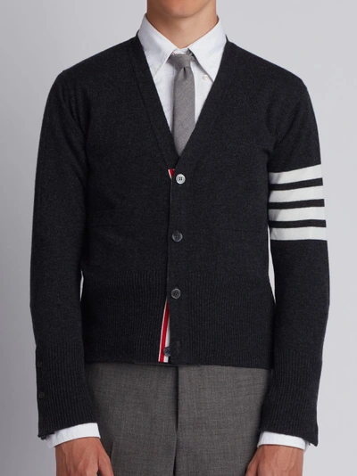 Thom Browne Intarsia Stripe Wool Cardigan In Grey