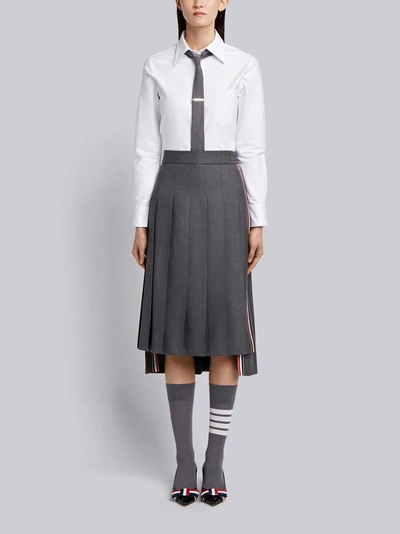 Shop Thom Browne Striped Below-knee Pleated Skirt In Grey