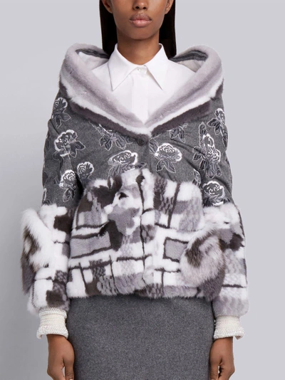 Shop Thom Browne Floral Embroidery Mink Trim Overcoat In Grey