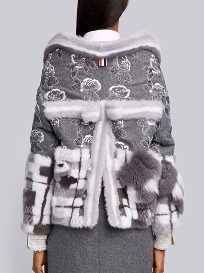 Shop Thom Browne Floral Embroidery Mink Trim Overcoat In Grey