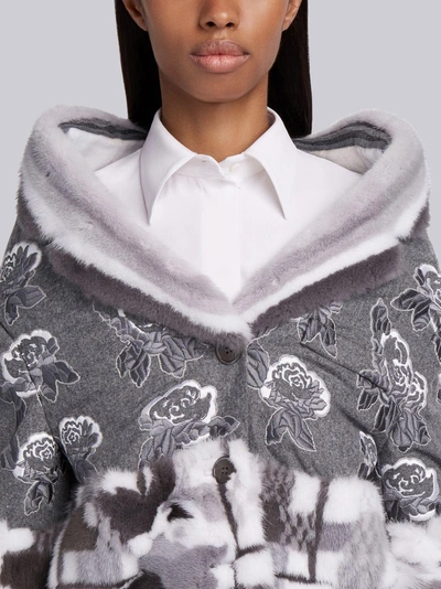 Shop Thom Browne Floral Embroidery Mink Trim Overcoat In Grey