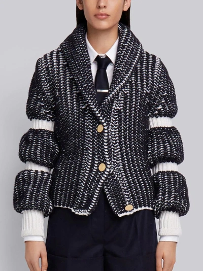 Shop Thom Browne Bi-colored Chunky Shawl Collar Cardigan In Blue