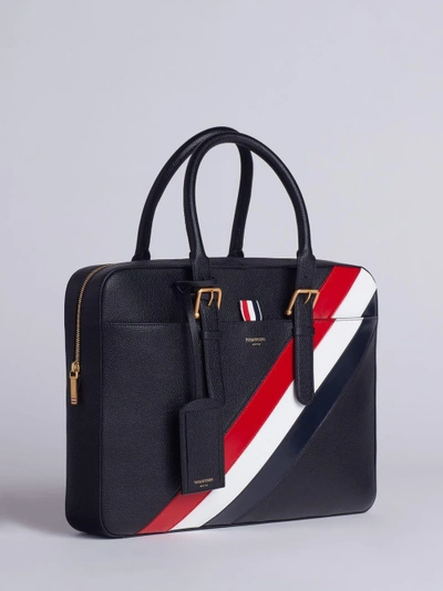 Shop Thom Browne Business Bag With Red, White And Blue Diagonal Stripe In Pebble And Calf Leather In Black