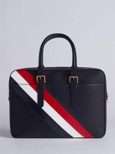 Shop Thom Browne Business Bag With Red, White And Blue Diagonal Stripe In Pebble And Calf Leather In Black