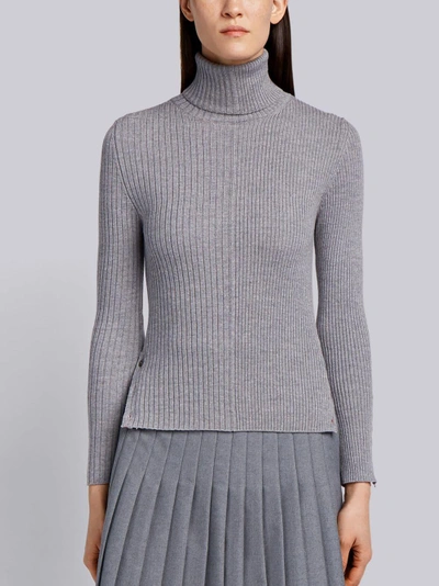 Shop Thom Browne Striped Half-and-half Rib Knit Turtleneck In Fine Merino Wool In Grey