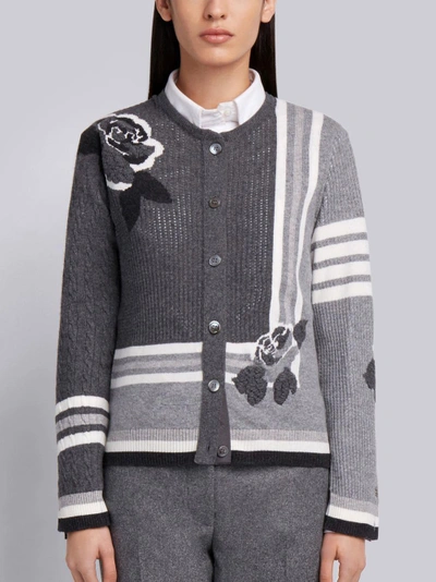 Shop Thom Browne Rose Intarsia Cashmere Cardigan In Grey