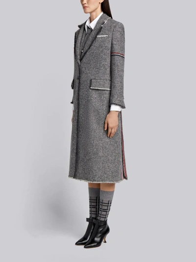 Shop Thom Browne Striped Frayed-edge Overcoat In Grey