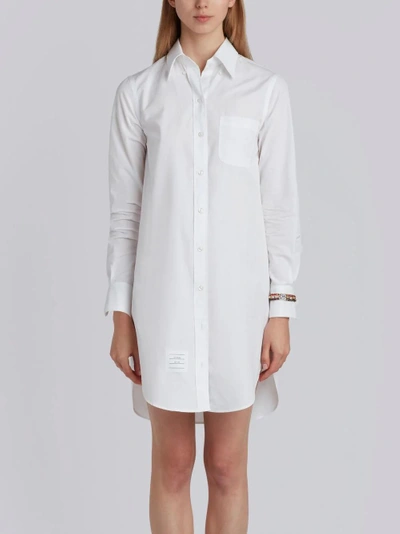 Shop Thom Browne Classic Long Sleeve Button Down Point Collar Thigh Length Shirtdress With Jewelry Appliq In White