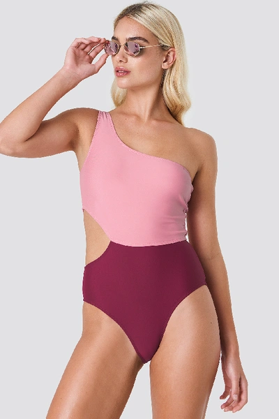 Shop Na-kd One Shoulder Block Swimsuit - Pink In Pink Combo