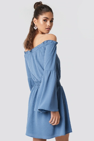 Shop Na-kd Wide Sleeve Off Shoulder Dress - Blue In Dusty Blue