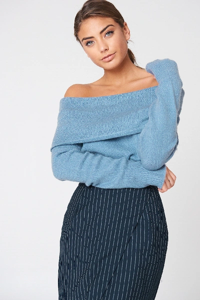 Shop Na-kd Offshoulder Folded Wide Sweater Blue In Blue Stone