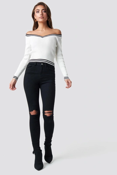 Shop Pamela X Na-kd Off Shoulder Knitted Stripe Sweater - White